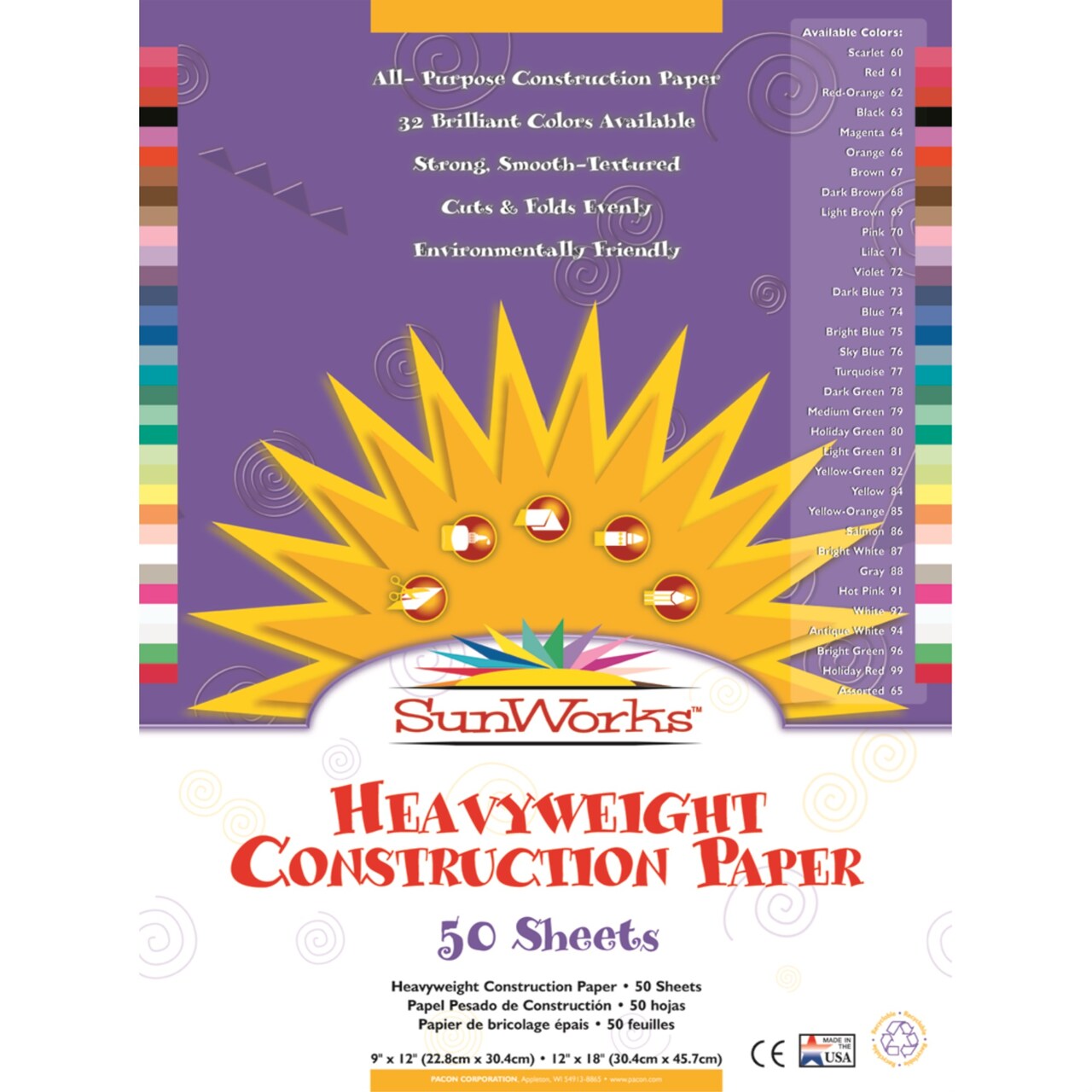 Sunworks Construction Paper, 58 lbs., 12 x 18, Assorted, 50 Sheets/Pack